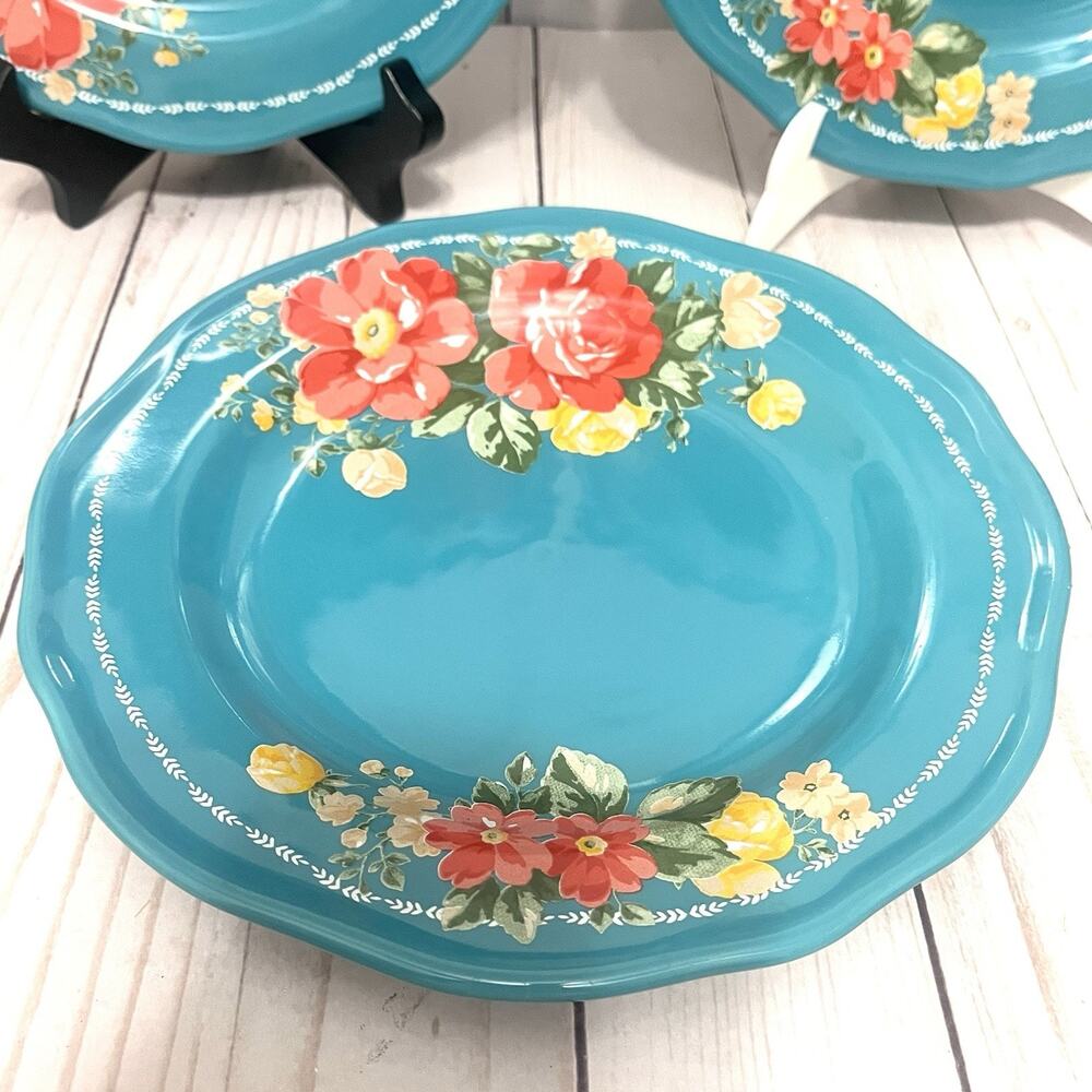 Pioneer Woman Salad Plates 8.5" Vintage Garden Floral Teal Stoneware Set Of 3 - Picture 3 of 8